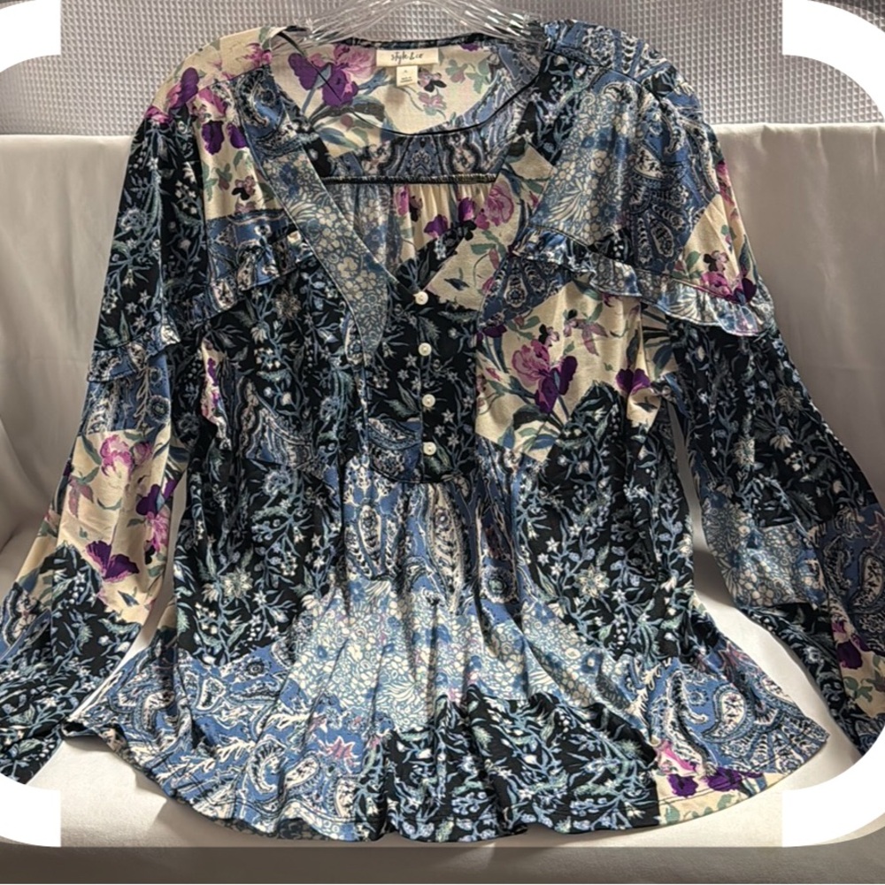 Style & Co. Printed Prairie Top BOHO Paisley Floral Ruffle Pleated Button Sz L - Picture 11 of 12